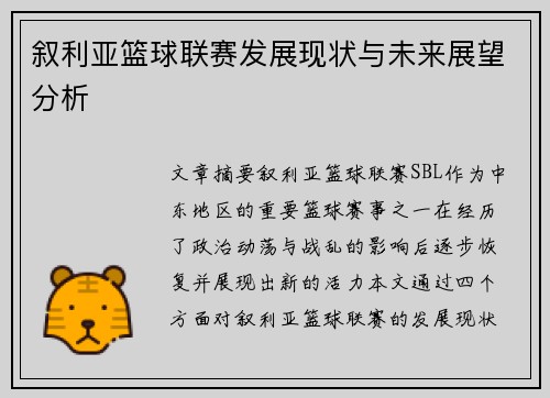 叙利亚篮球联赛发展现状与未来展望分析
